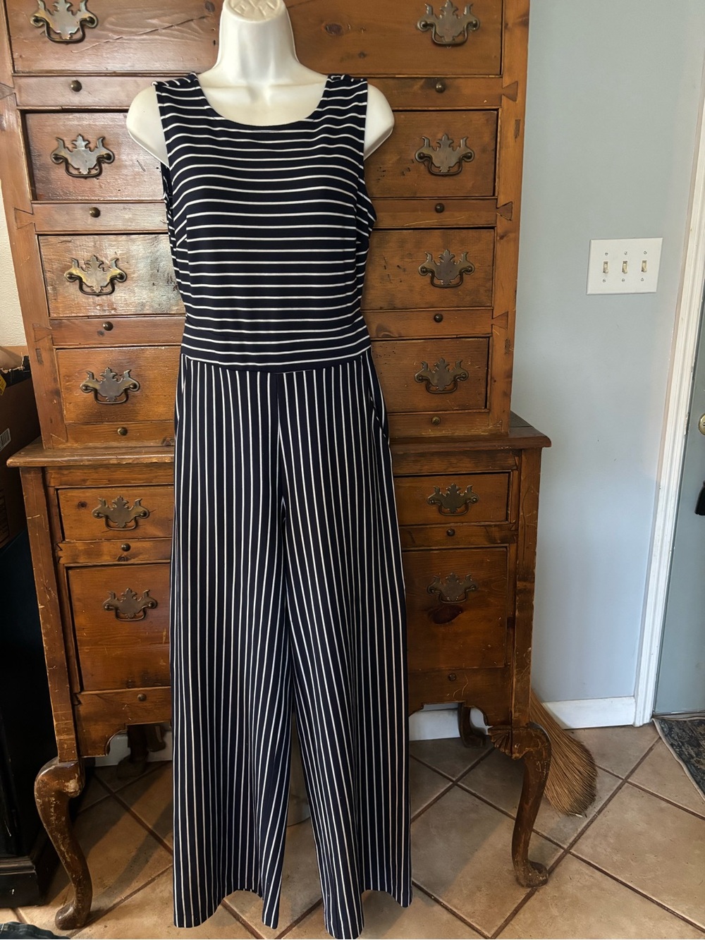 Sleeveless Black & White Striped Jumpsuit Size Medium by New York & Company